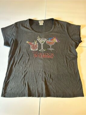 Black Short-Sleeve Graphic Tee with Rhinestone Cocktail Design